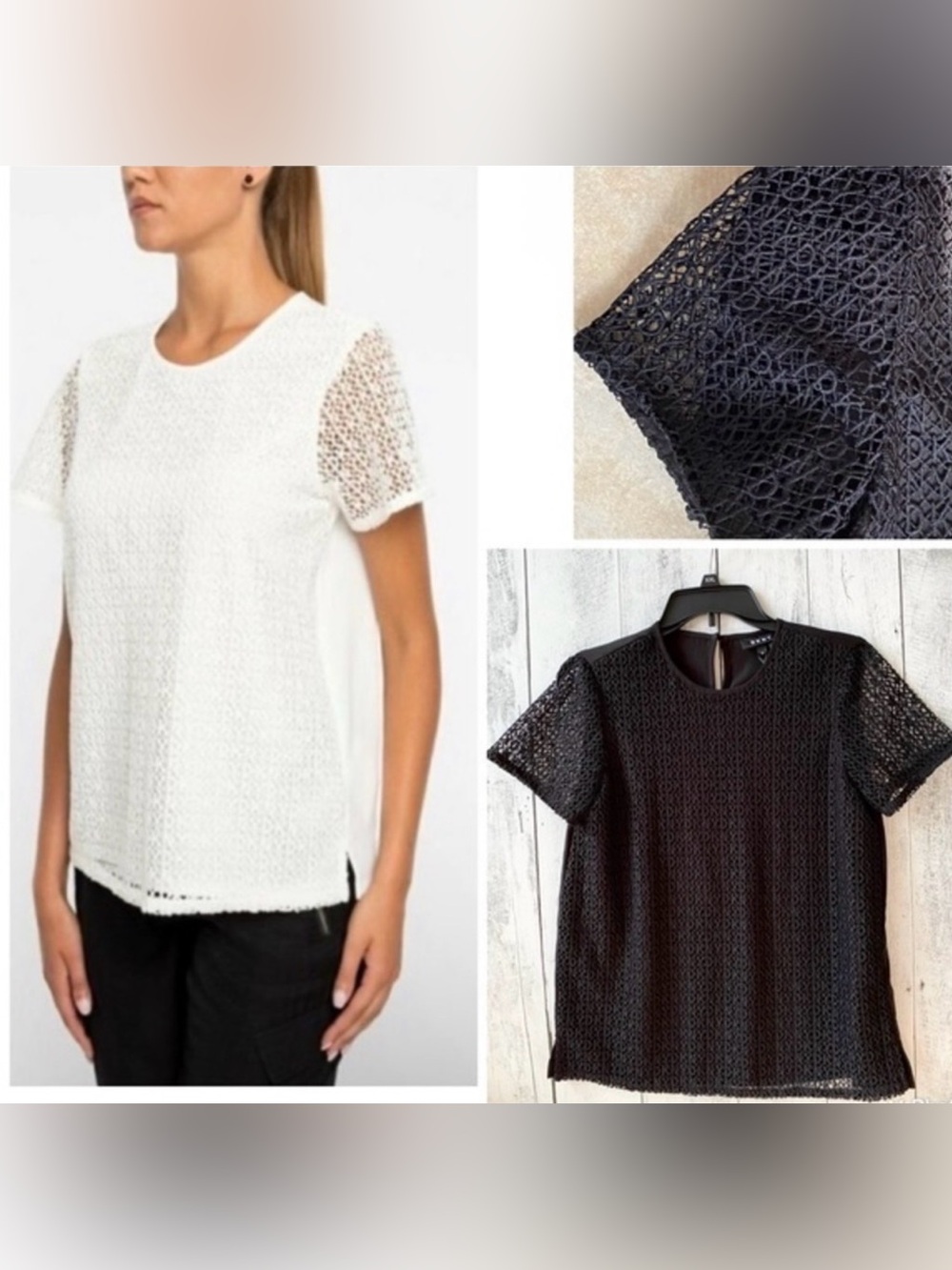 NEW- DKNY Lace Overlay‎ Logo Illusion Keyhole Blouse